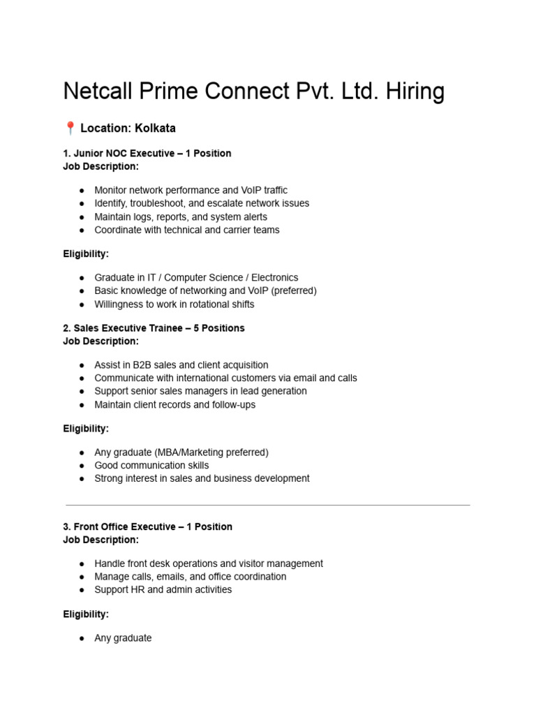 Netcall Prime Connect Pvt. Ltd. Hiring (1) | PDF