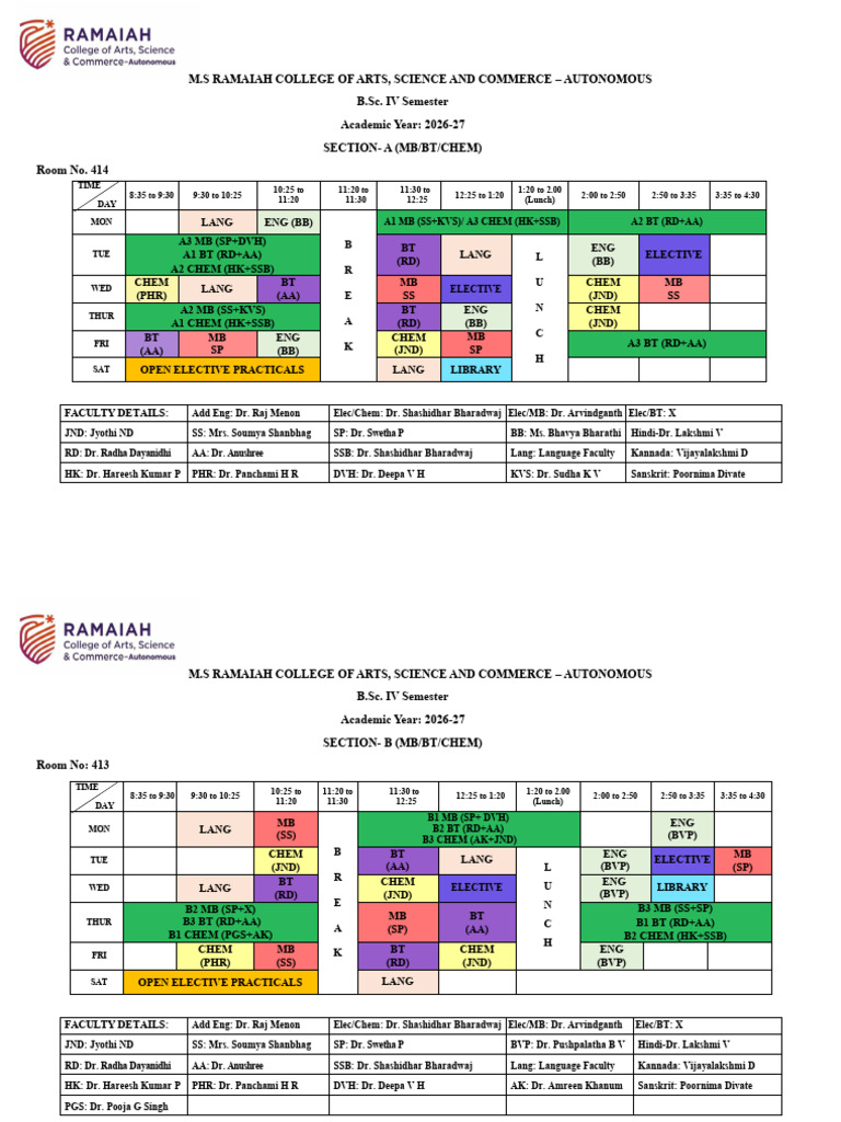 Bsc IV Semster Ug Timetable 2026-27 | PDF