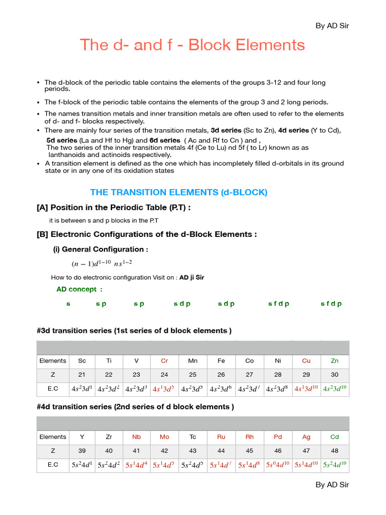 The d and f blocks notes | PDF | Transition Metals | Chemistry