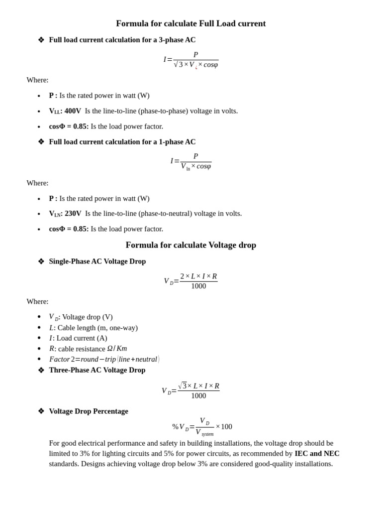 Full Load Current and Voltage Drop Calculations | PDF | Voltage ...