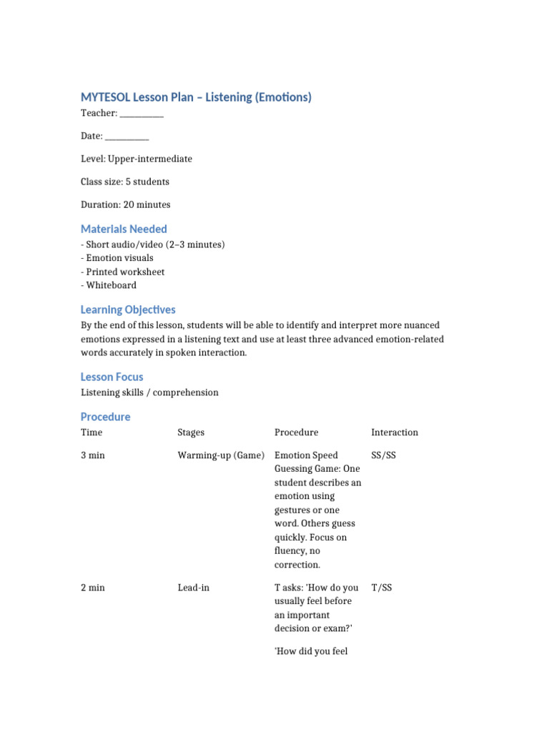 Listening Lesson Plan: Emotions | PDF | Emotions | Cognitive Science