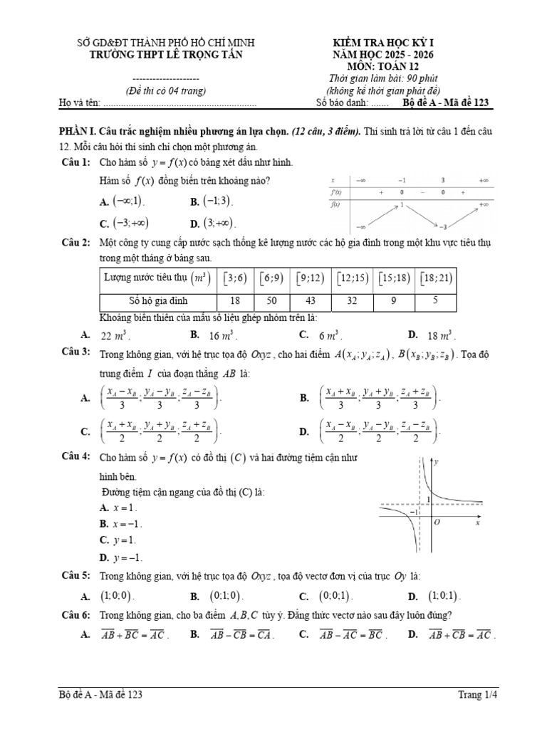 Bộ Đề A - Mã Đề 123 - Toán 12 - Lê Trọng Tấn - HK1 NH 2025-2026 | PDF