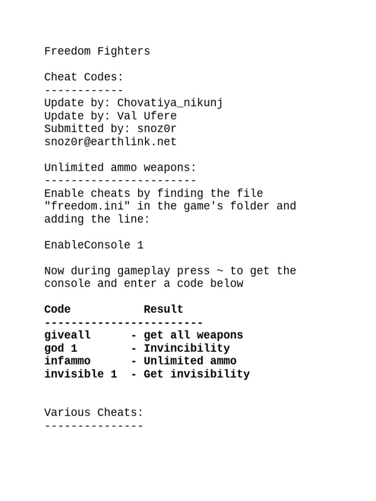Freedom Fighters Cheat Codes Guide PDF