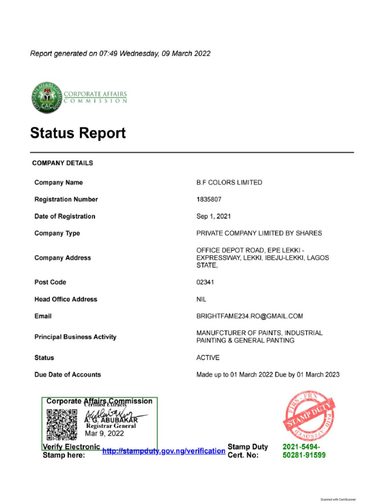 B.F Colors Limited Status Report | PDF