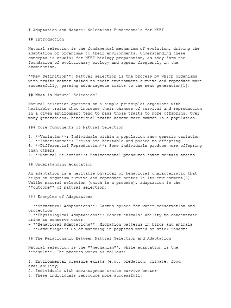 Natural Selection & Adaptation for NEET | PDF | Natural Selection ...