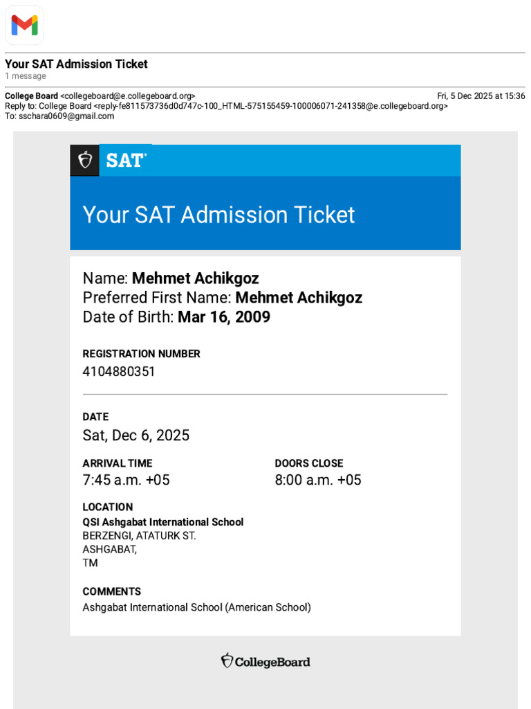 Your SAT Admission Ticket Details | PDF