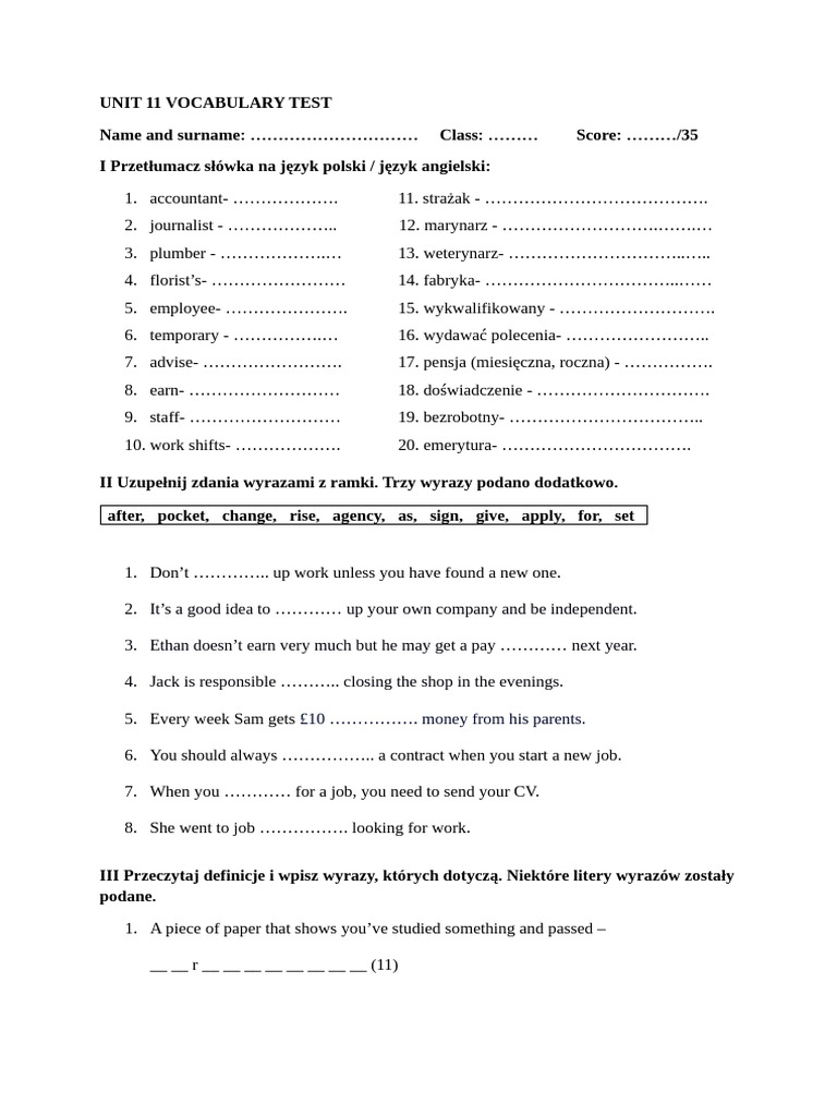 Unit 11 Vocabulary Test Guide | PDF
