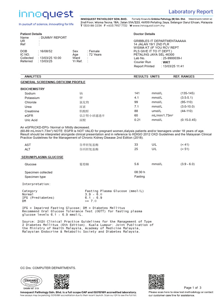 Sample Lab Report DBTICBM | PDF | Glycated Hemoglobin | Prediabetes