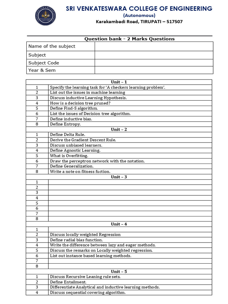 Machine Learning Question Bank for CS20APC603 | PDF | Machine Learning ...