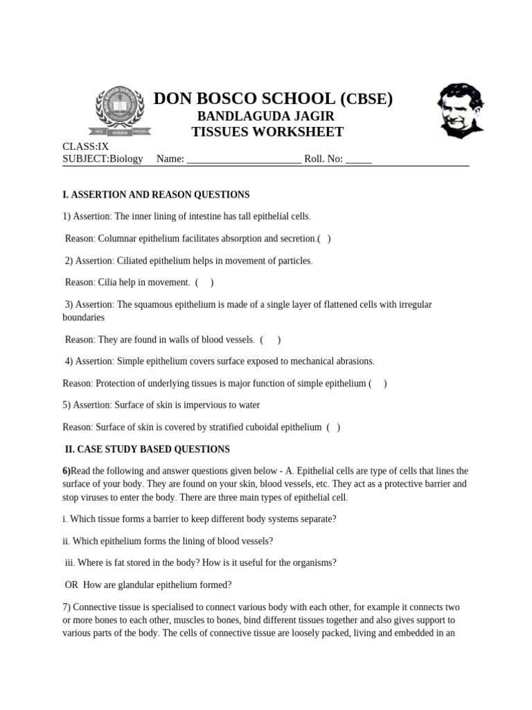 Class IX Biology Tissues Worksheet | PDF | Epithelium | Tissue (Biology)