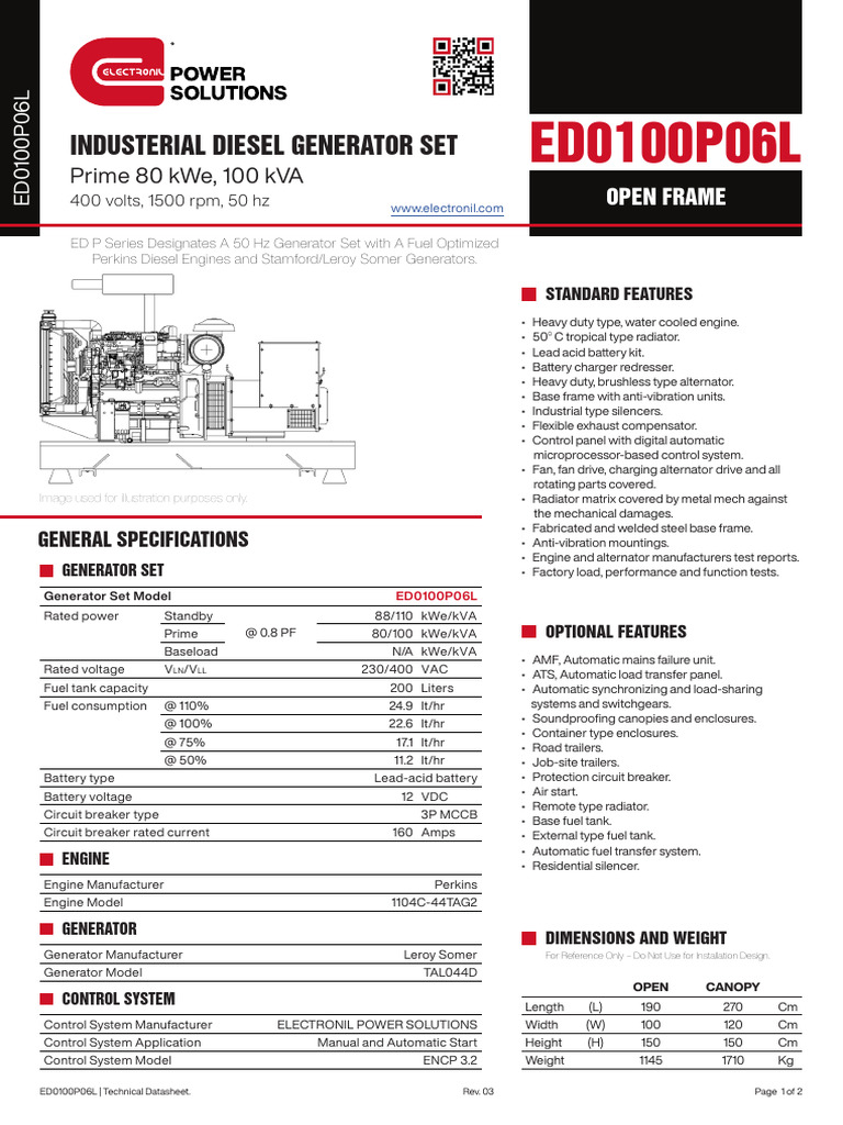 ED0100P06L Diesel Generator Datasheet | PDF | Engines | Electric Generator