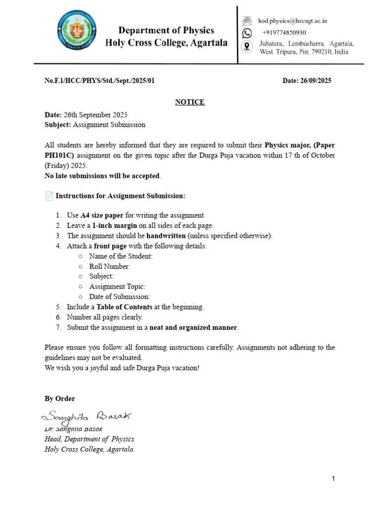 Physics Assignment Submission Notice | PDF