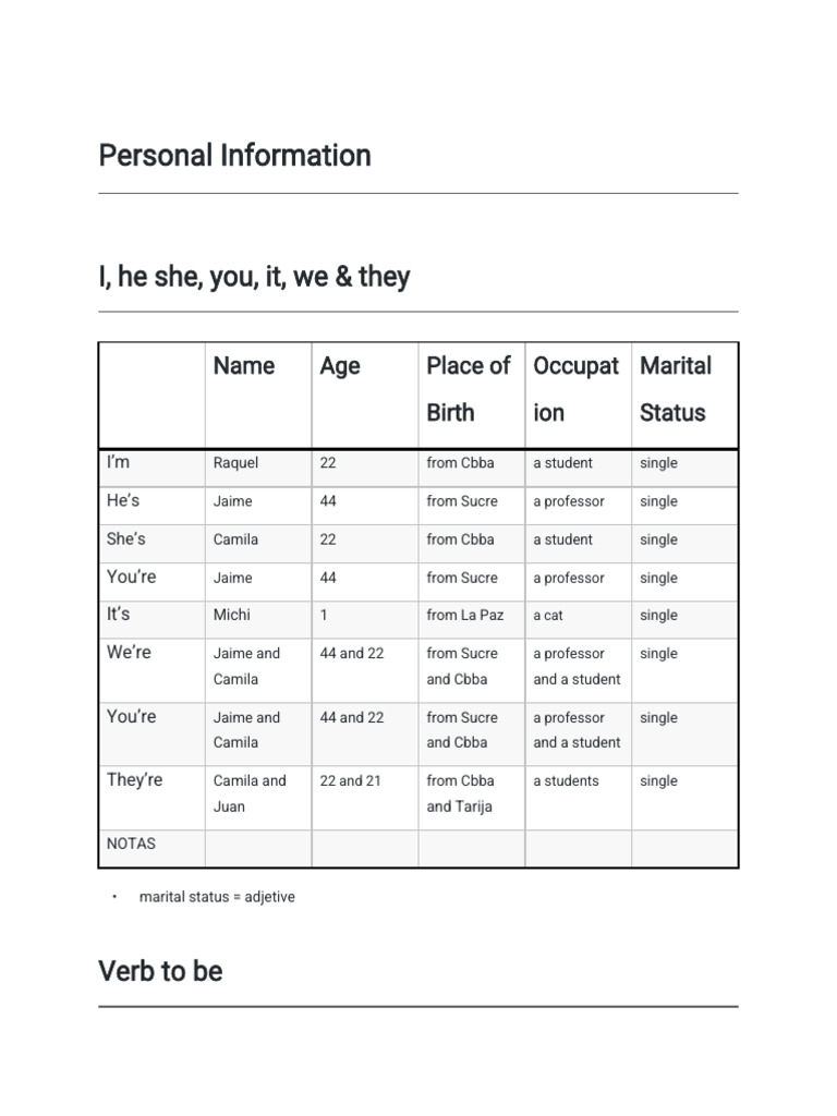 Personal Information and Verb Usage Guide | PDF