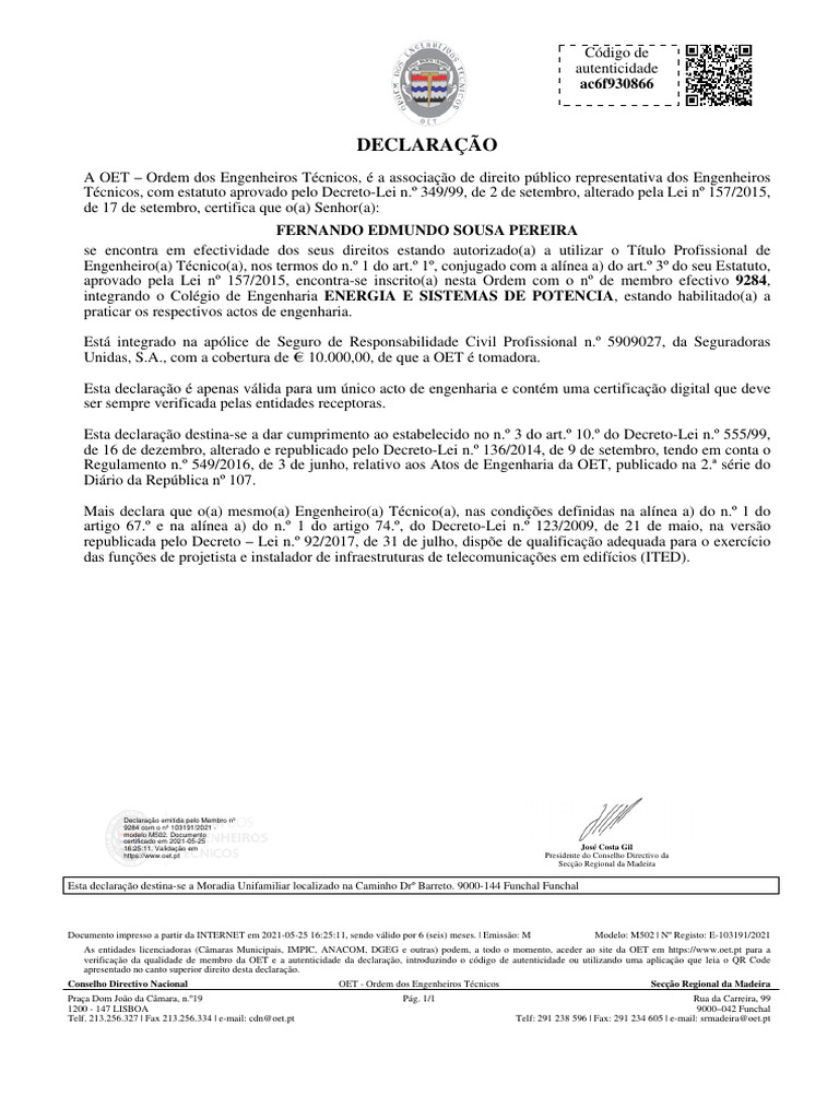 Declaração OET 103191.2021 | PDF | Engenharia