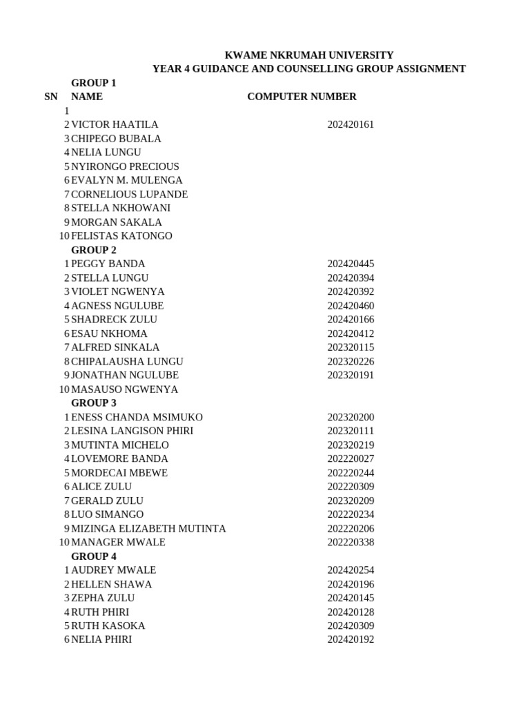 Year 4 Guidance and Counselling Group Assignment Names-1 | PDF