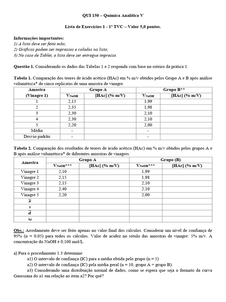 Exercícios de Química Analítica V | PDF | Intervalo de confiança ...