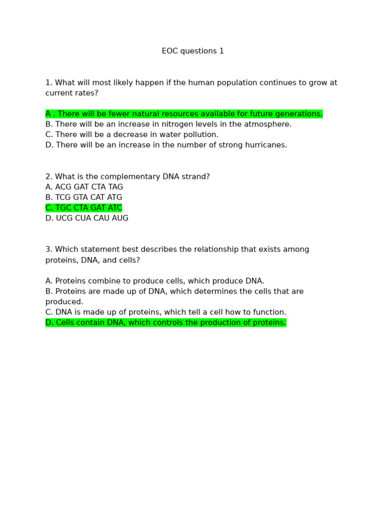 EOC Questions on Population and DNA | PDF