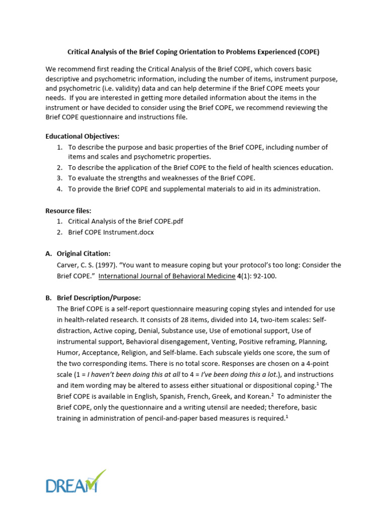 Critical Analysis of Brief COPE Tool | PDF | Factor Analysis ...
