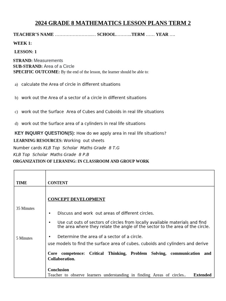 Grade 8 Math Lesson Plans: Area & Surface | PDF | Learning | Area