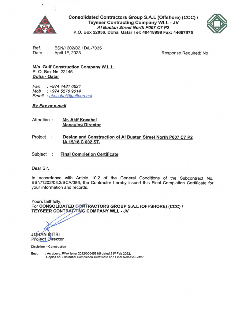 Final Completion Certificate | PDF
