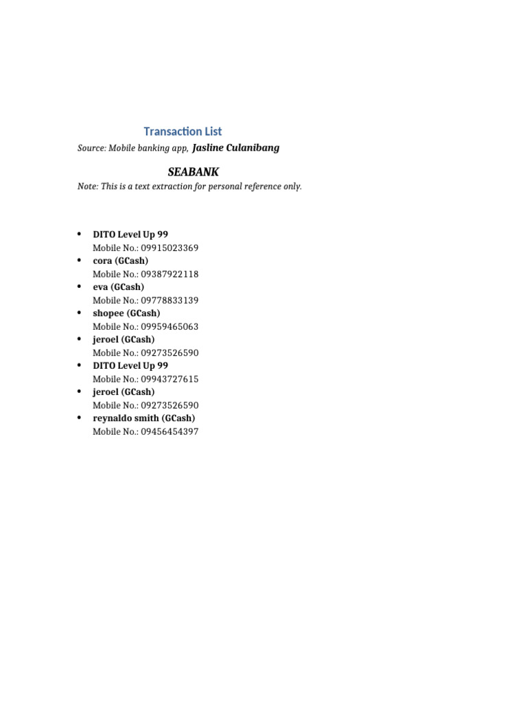 Mobile Banking Transaction List | PDF