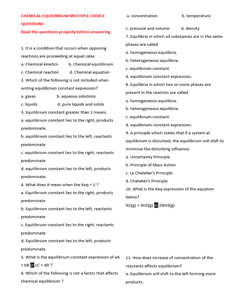 Chemical Equilibrium MCQs and Concepts | PDF | Chemical Equilibrium | Ph