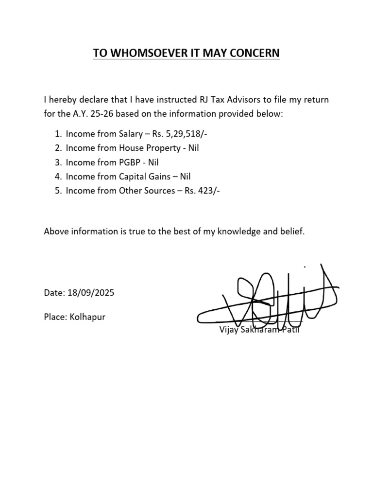 Tax Filing Declaration for A.Y. 25-26 | PDF