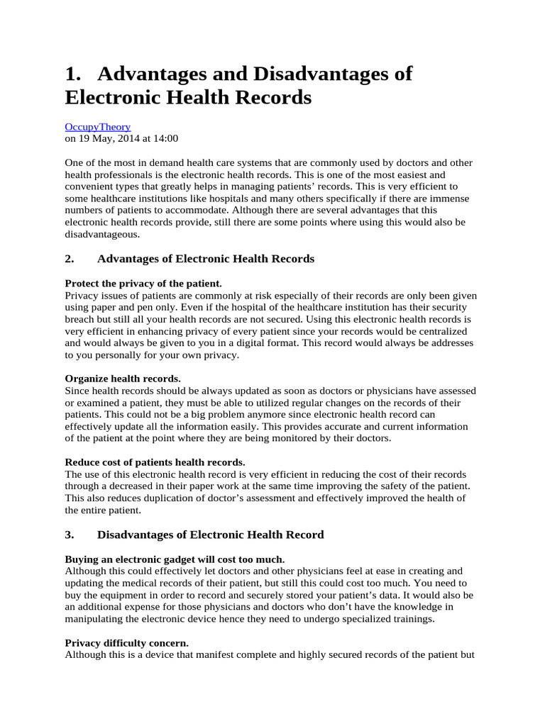 Pros and Cons of Electronic Health Records | PDF | Electronic Health ...