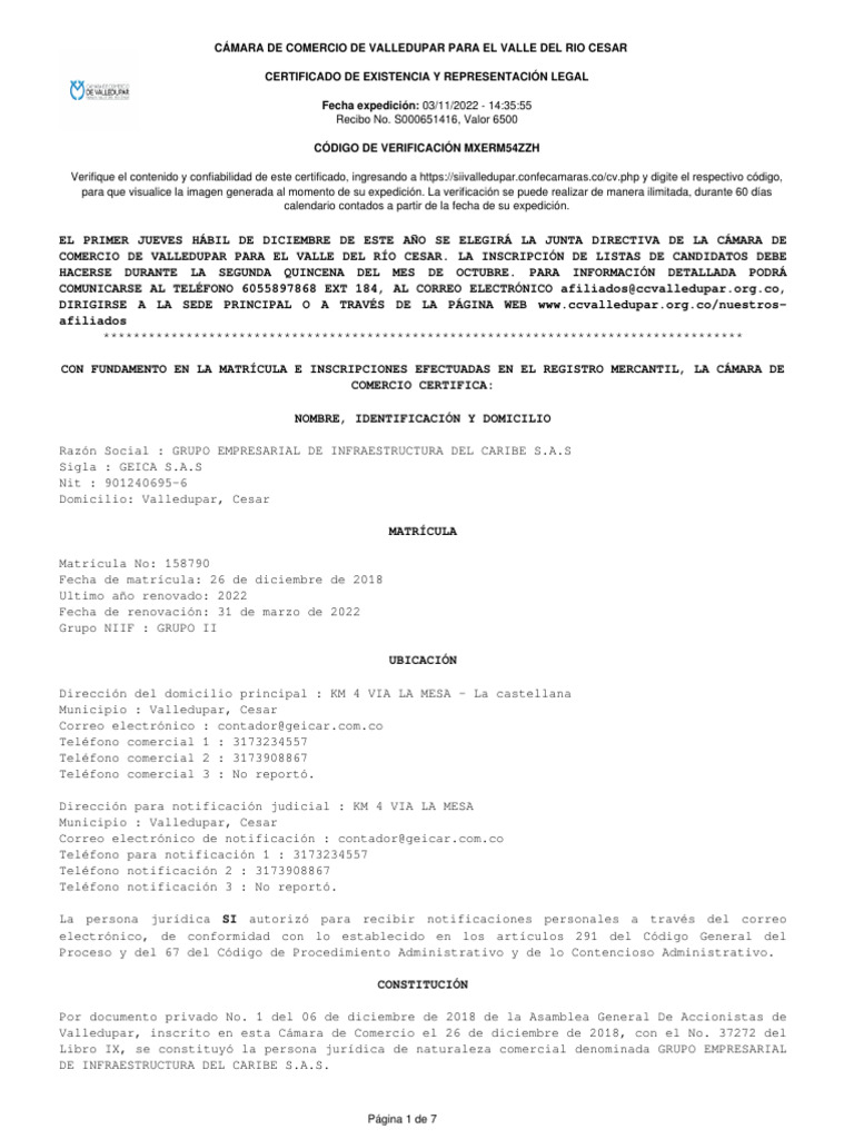 Certificado Camara de Comercio 03-11-2022 | PDF | Sociedad de ...