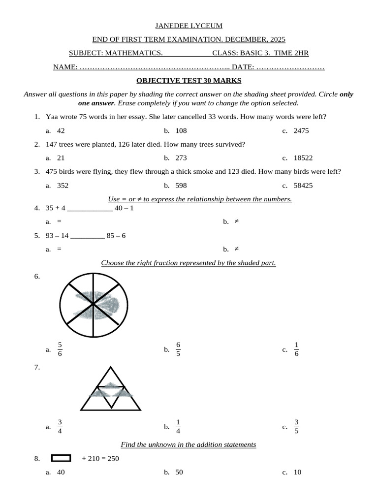 Basic 3 Mathematics Exam December 2025 | PDF