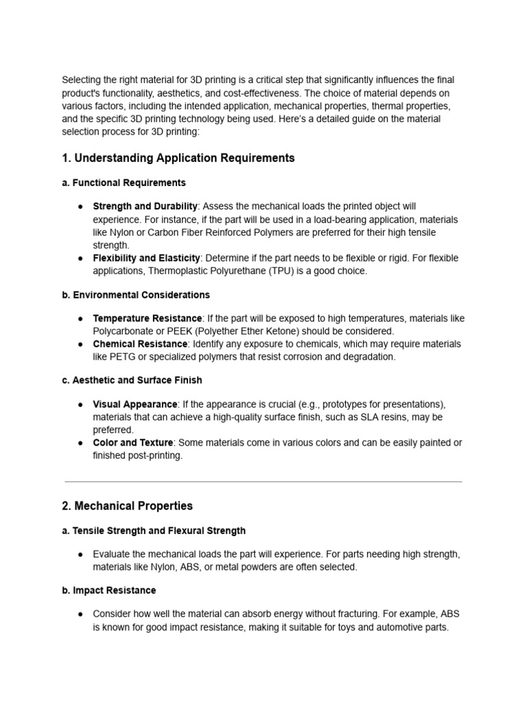Guide to 3D Printing Material Selection | PDF | 3 D Printing | Physical ...
