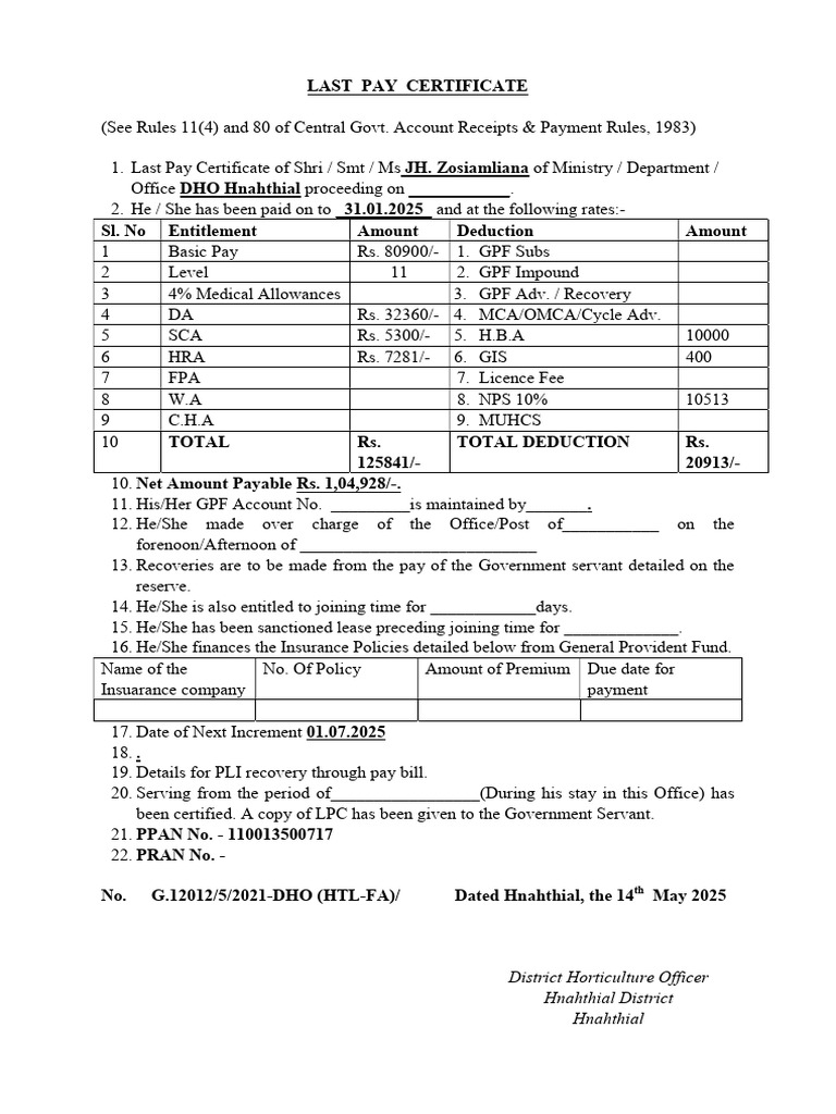 Last Pay Certificate for Government Employee | PDF | Taxes | Payments