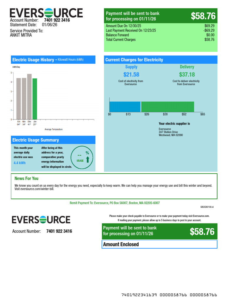 Eversource Bill Summary for Ankit Mitra | PDF | Banks | Renewable Energy