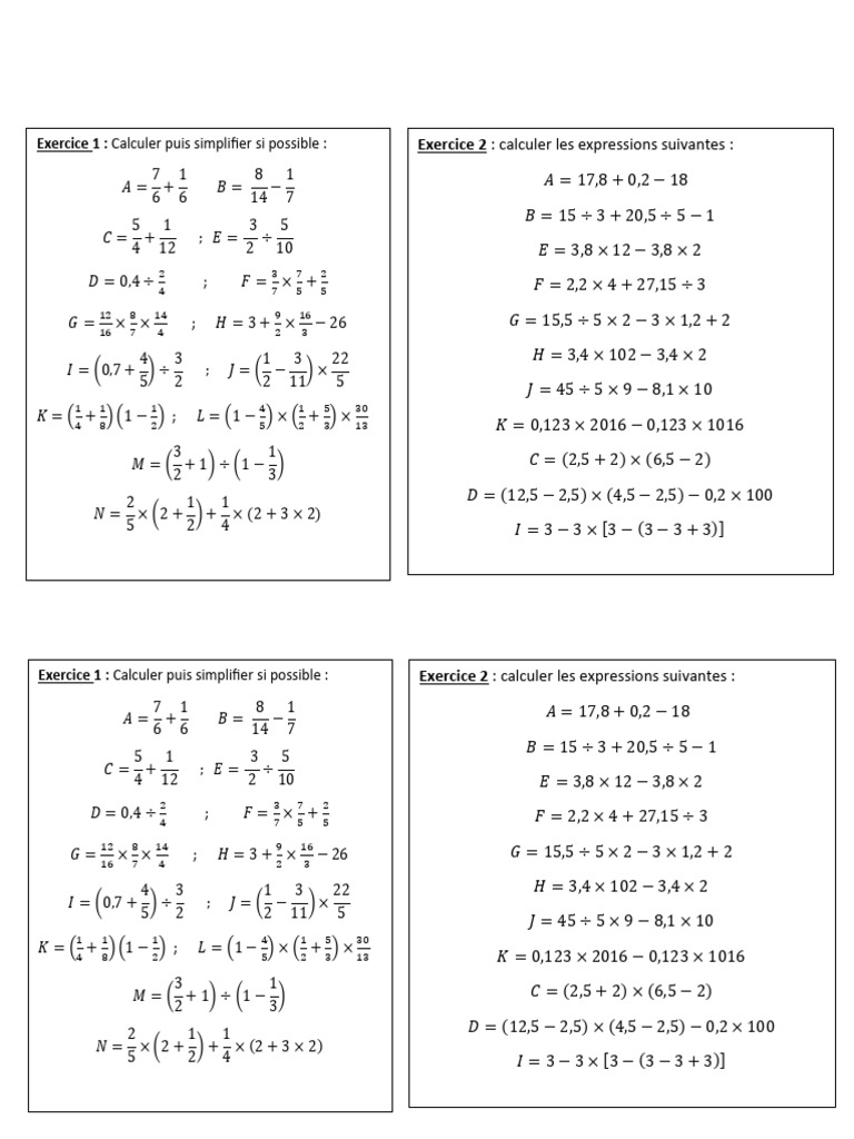 Math Exercises: Simplification and Calculation | PDF