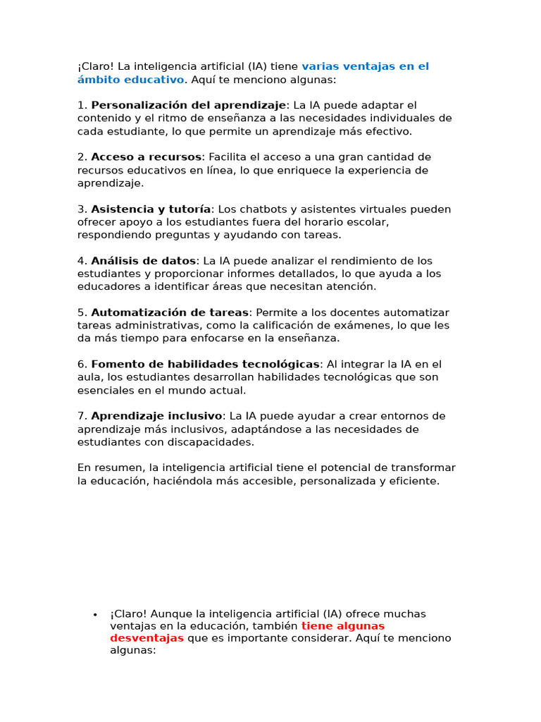 Ventajas y desventajas de la IA en educación | PDF | Inteligencia ...