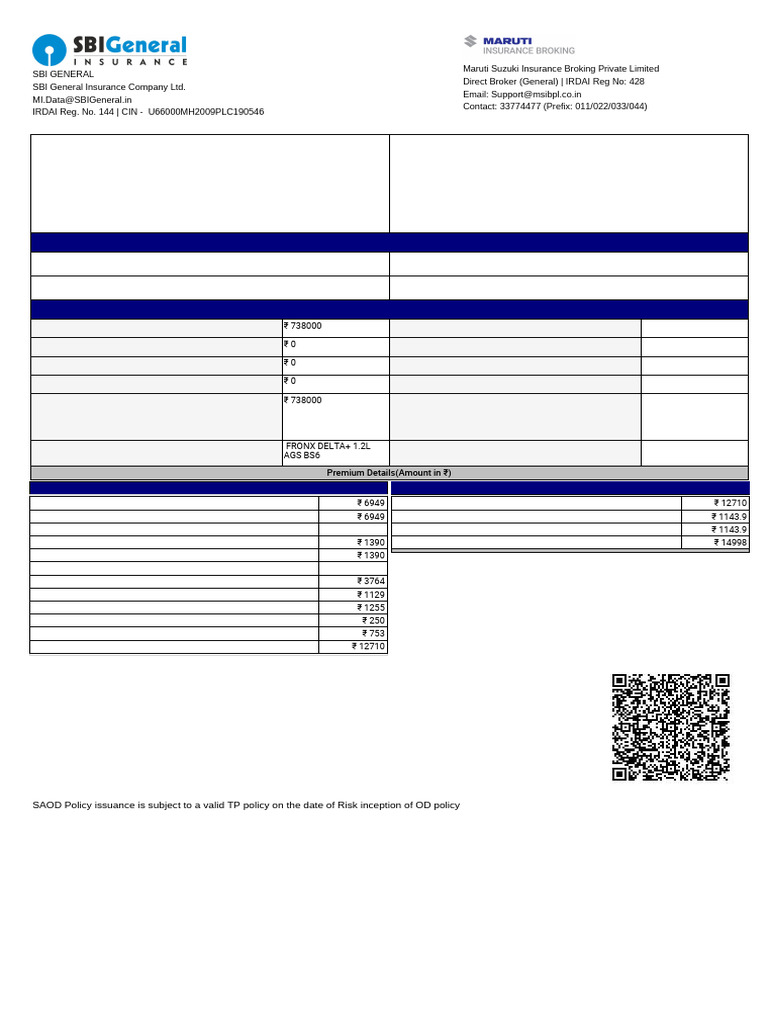 SBI General Insurance Quotation Details | PDF | Insurance | Financial Risk