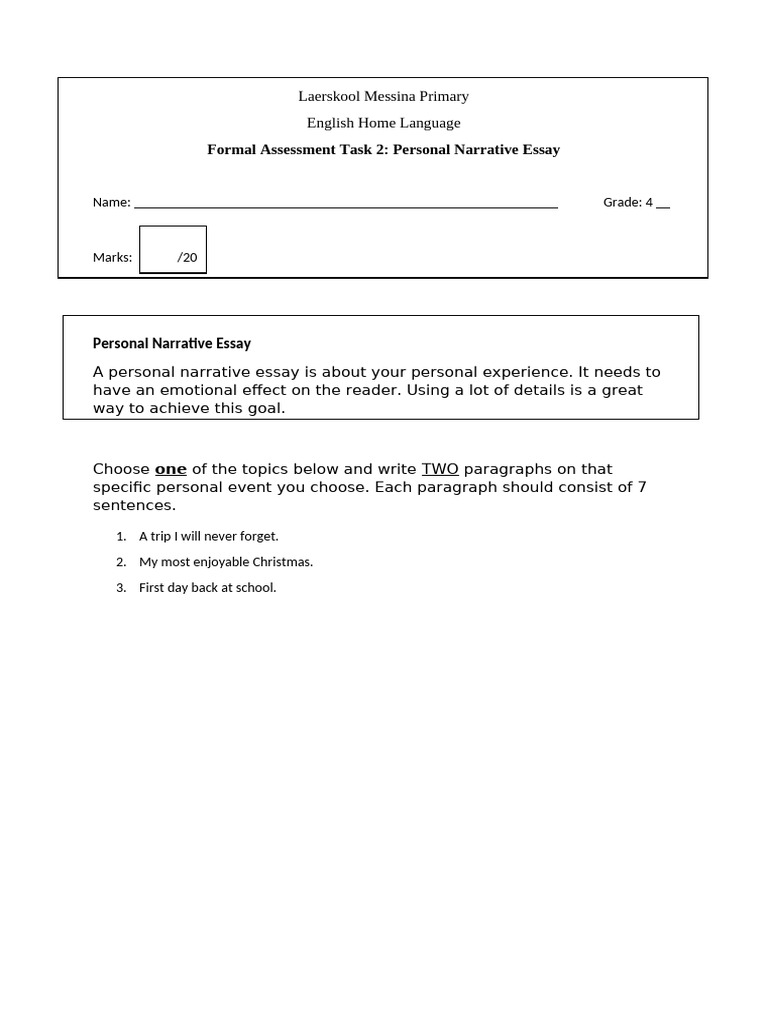 Grade 4 Personal Narrative Essay Guide | PDF | Essays | Writing