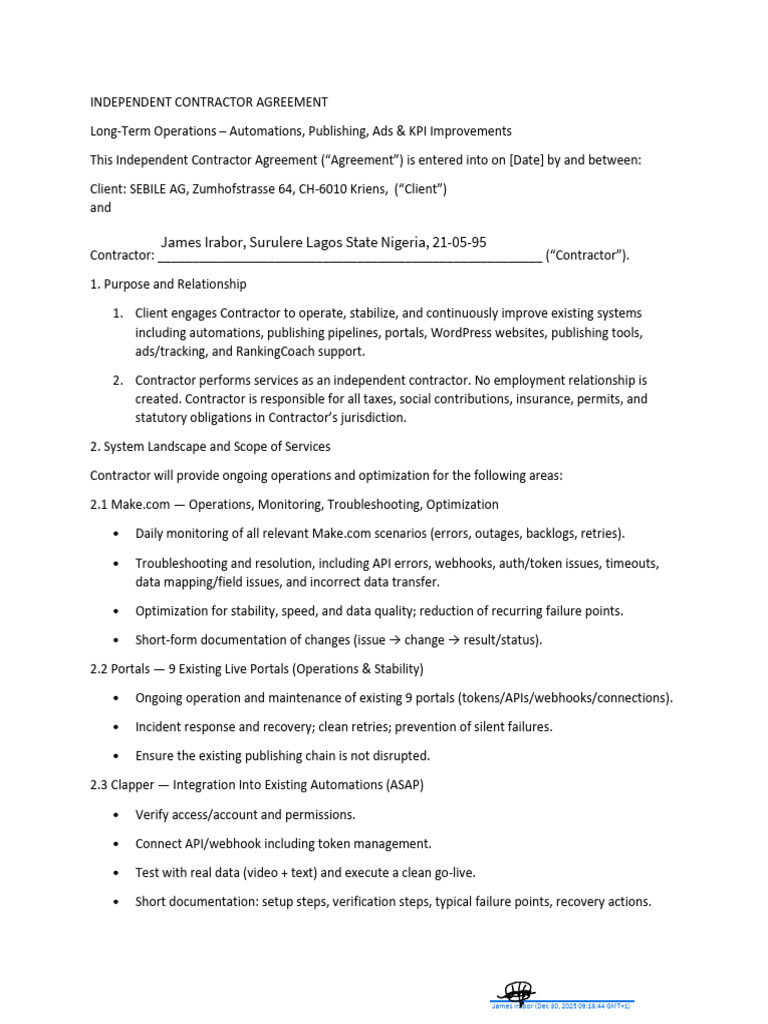 Independent Contractor Agreement for Operations | PDF | Word Press ...