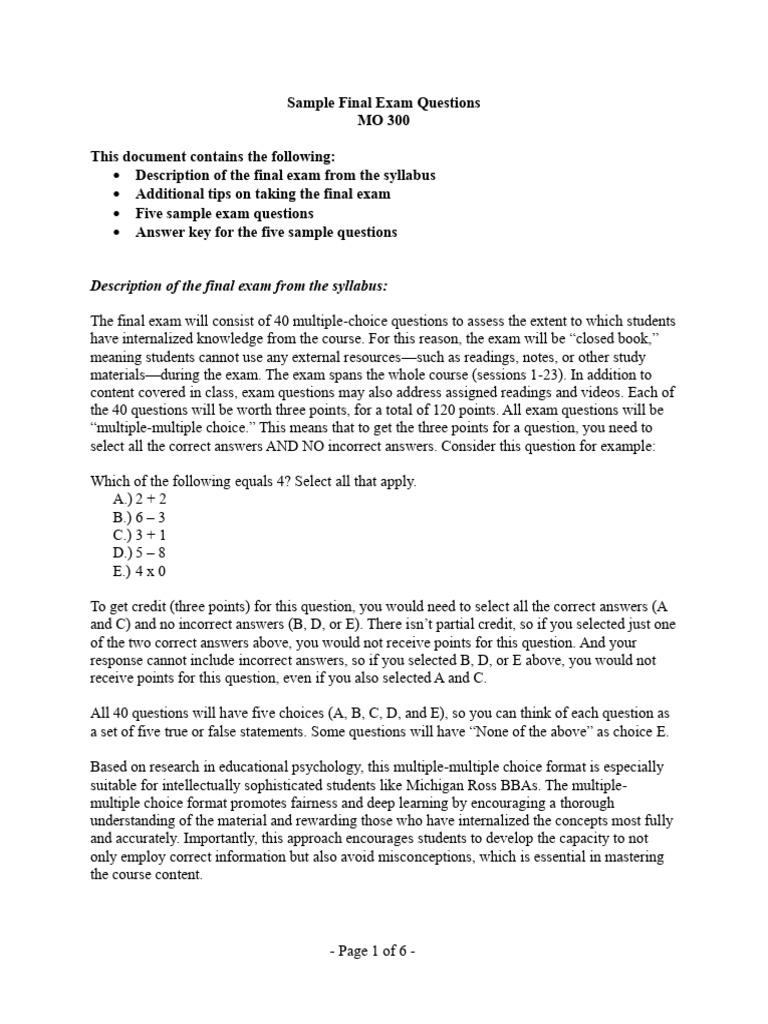 Final Exam Guide: Sample Questions & Tips | PDF | Multiple Choice ...