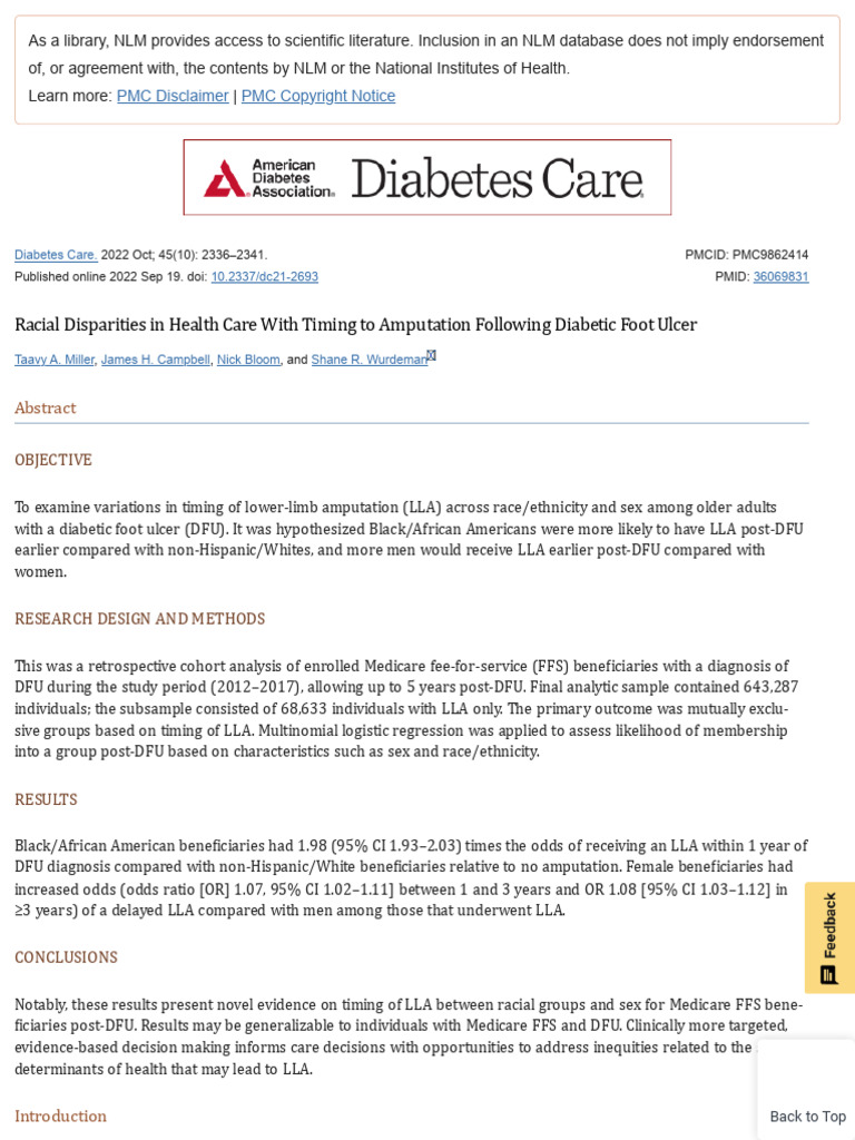 Racial Disparities in Health Care With Timing to Amputation Following ...
