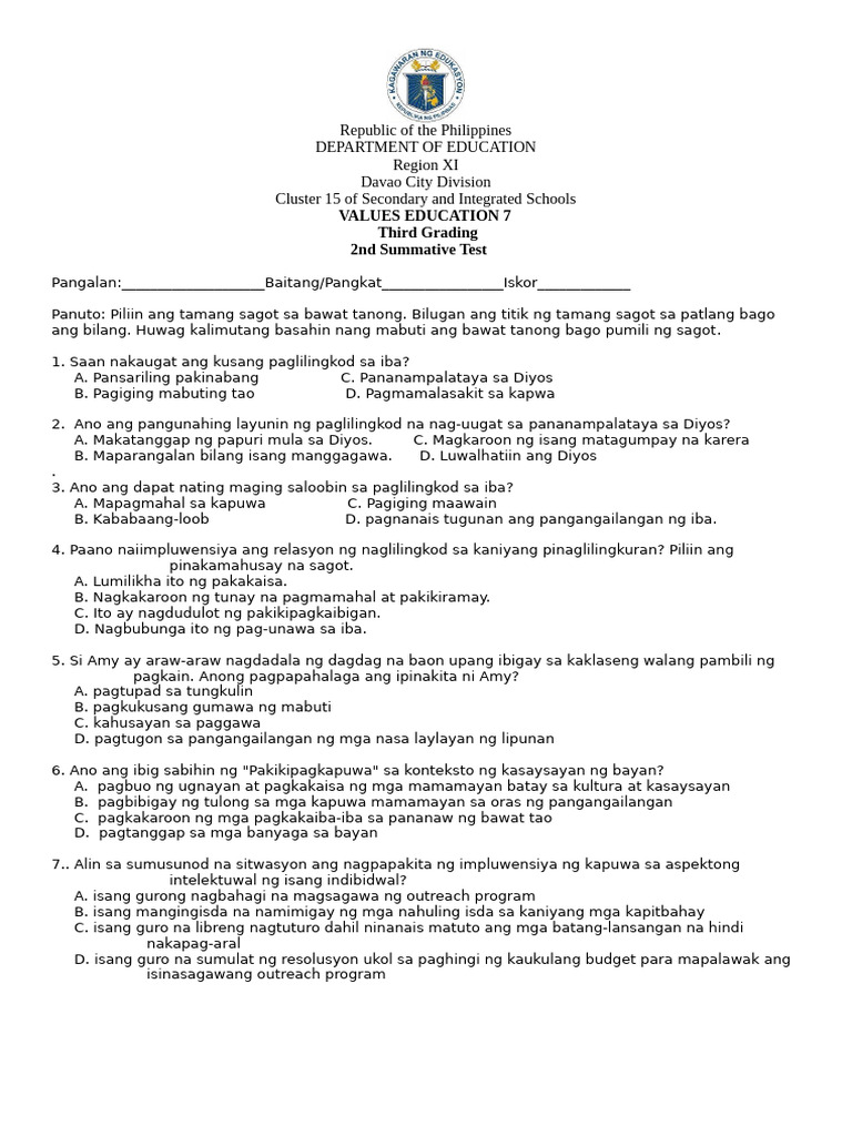 3rd Quarter 2nd Summative Test 7 | PDF