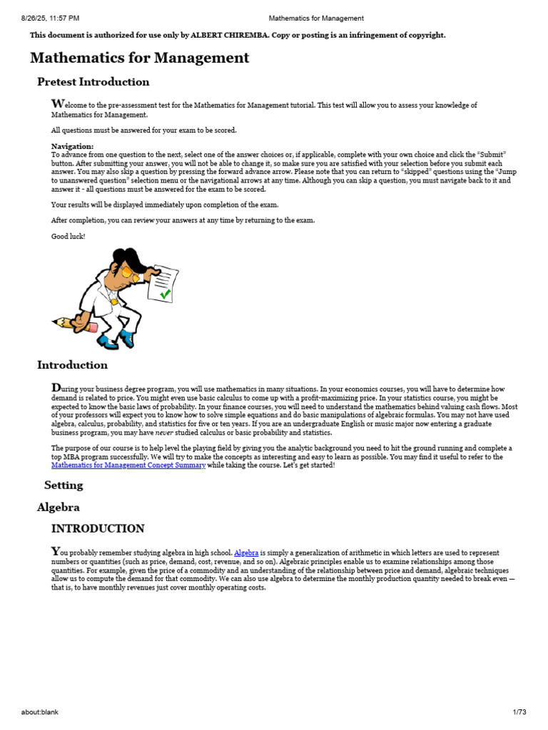 Mathematics for Management Pretest Guide | PDF | Equations | Line ...