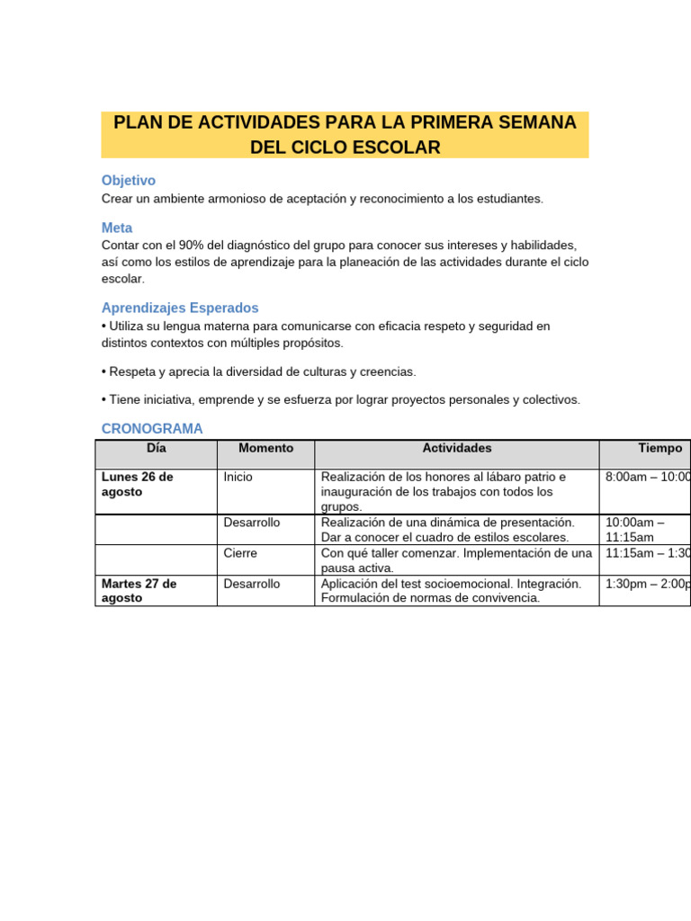 Plan Primera Semana Identico | PDF