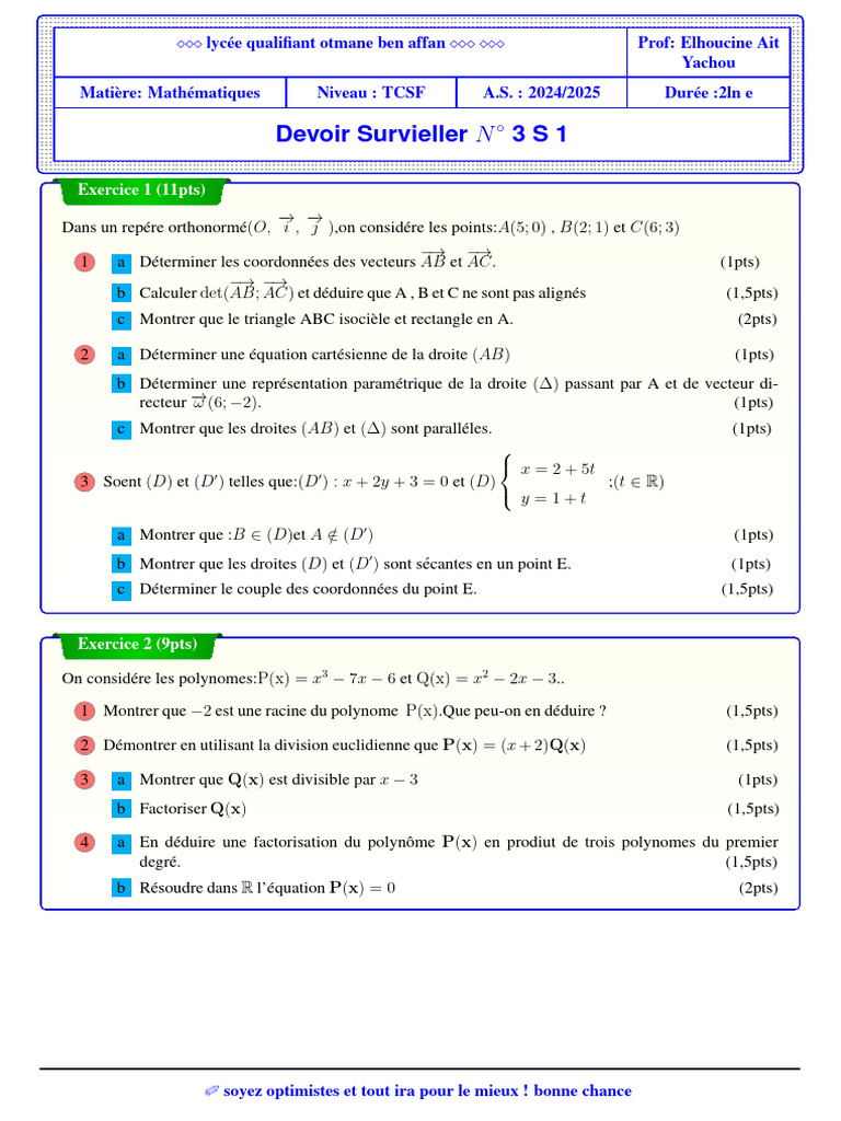 Devoir de mathématiques TCSF 2024/2025 | PDF | Polynôme | Coordonnées ...