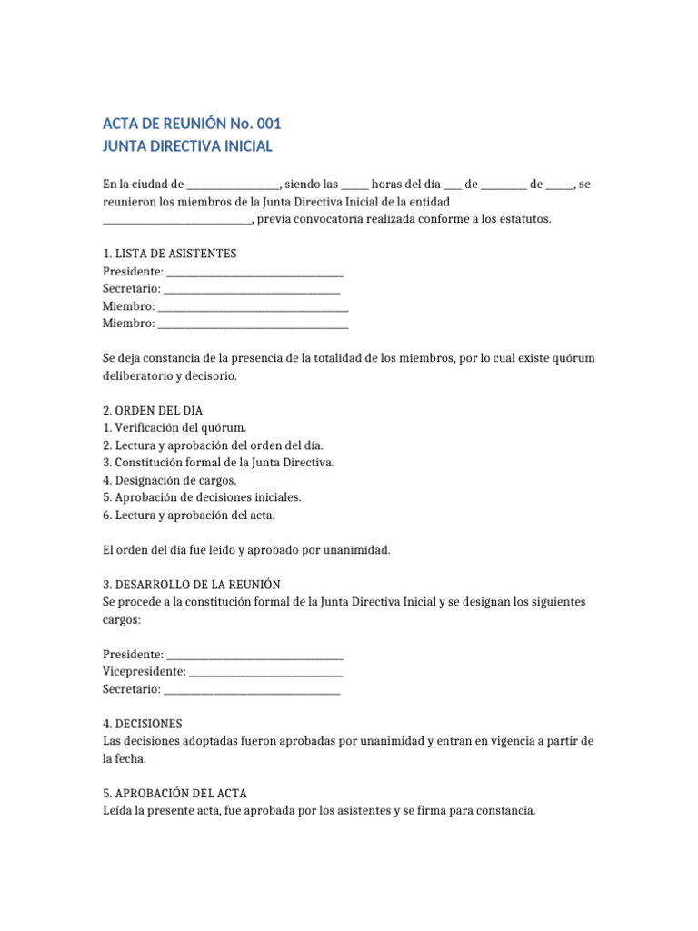 Acta Junta Directiva Inicial 001 | PDF