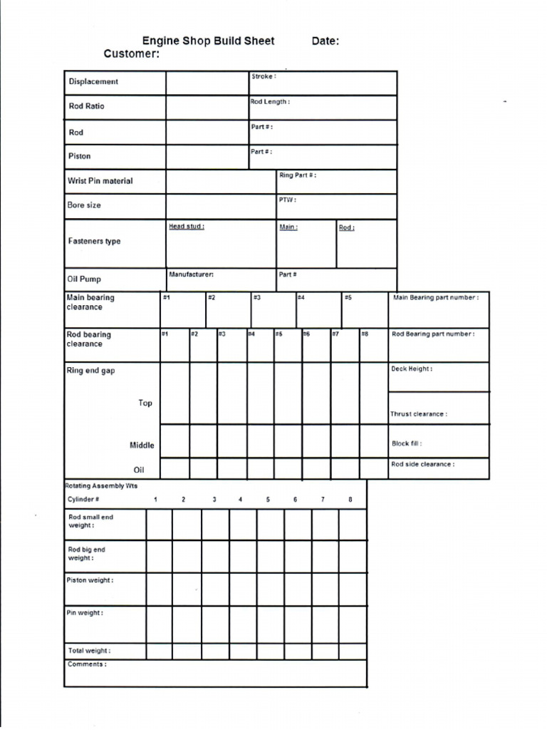 Generic Engine Shop Build Sheet Blank - V8 PDF | PDF