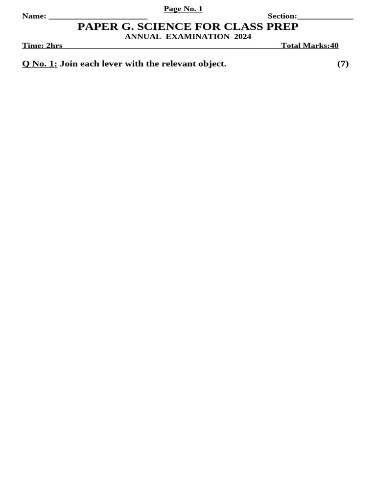 Science Exam Paper for Class Prep 2024 | PDF