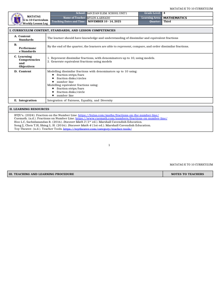 K-10 Math Lesson on Dissimilar Fractions | PDF | Mathematics | Learning