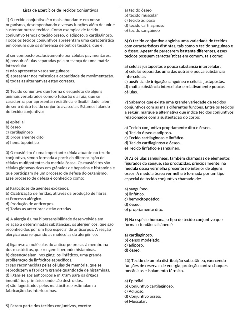 Exercícios sobre Tecidos Conjuntivos | PDF | Tecido conjuntivo | Sangue