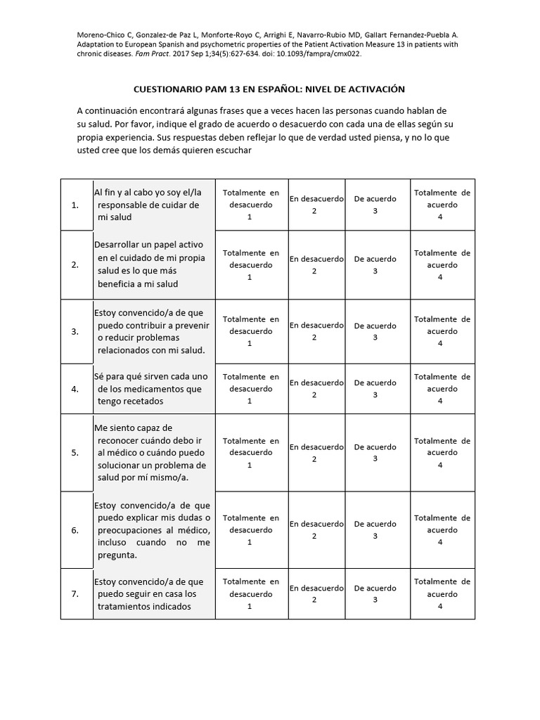 Cuestionario PAM 13 en Español | PDF